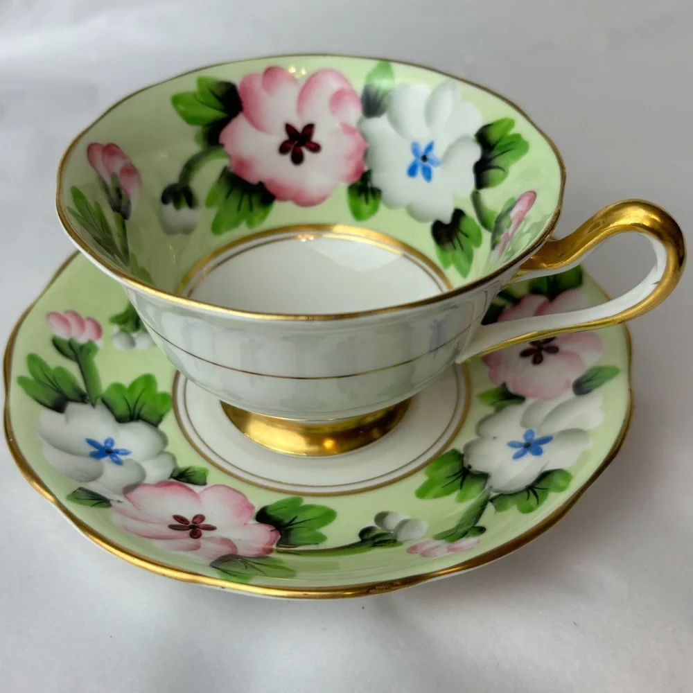 Royal Albert tea cup and saucer England Fine bone china Pink white & apple green